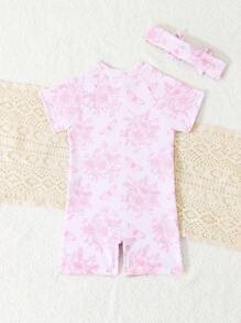 Baby Girl Floral Print Zipper Front One-Piece Swimsuit, For Summer Beach Holiday