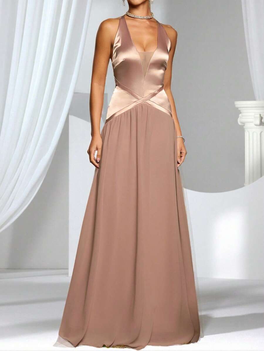 Coutiva Elegantes patchwork extra langes Abendkleid, Hochzeitsgastkleid für Frauen, Partykleid