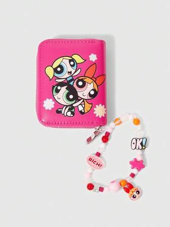 The Powerpuff Girls | ROMWE Cartera corta con lindo estampado de las Chicas Superpoderosas - Blossom, Bubbles y Buttercup en color rosa