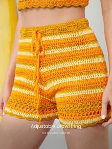 GLOWMODE X Nature Dream Bali Crocheted Chlorine-Resistant Lining Adjustable Drawstring Waist Shorts Daily Casual Summer Beach Vacation Holiday Wear - Yellow - View 3