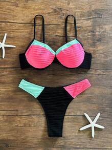 SHEIN Swim 2件套女士夏季性感无钢圈拼接撞色背心和丁字裤细肩带比基尼套装 - 彩色 - 查看 3