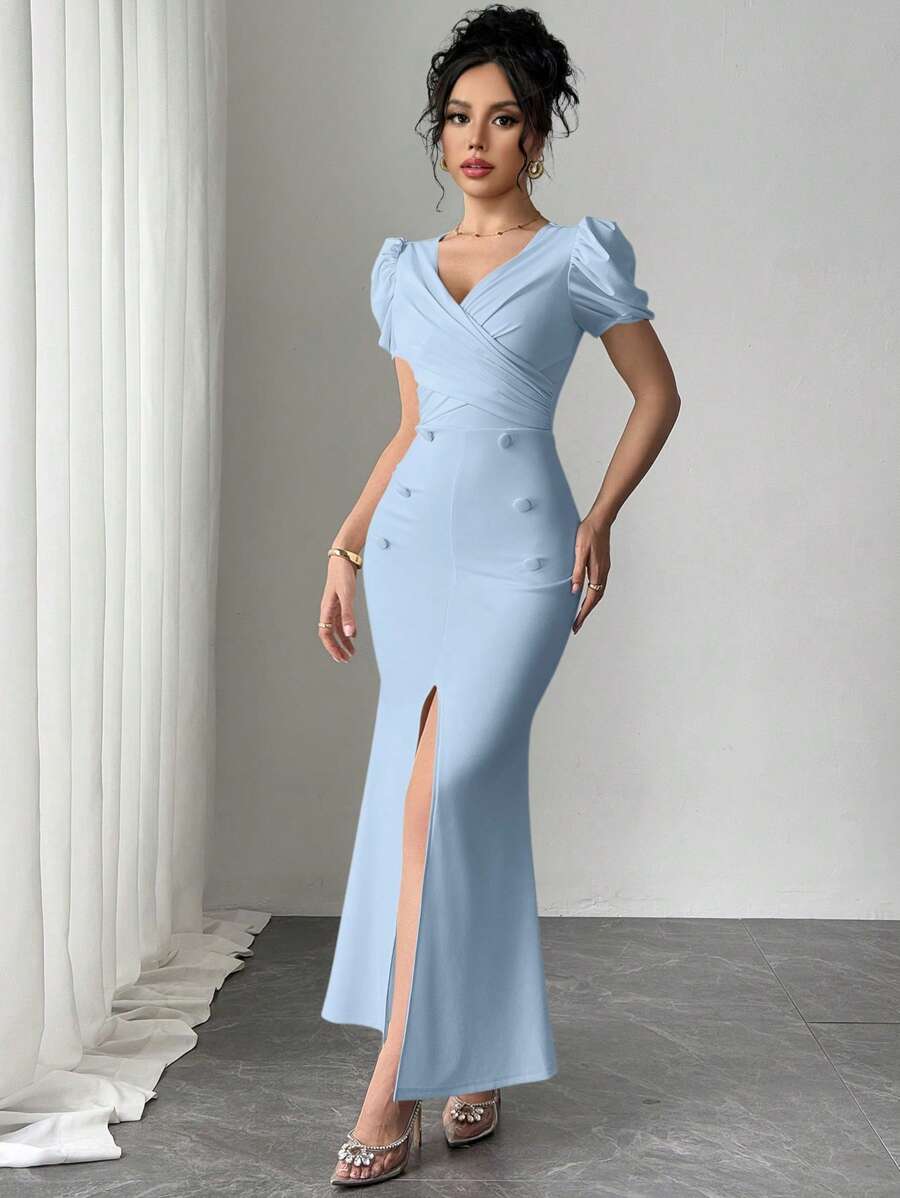 Rafferiza New Elegant Ruffled Puff Sleeve Mermaid Maxi Dress