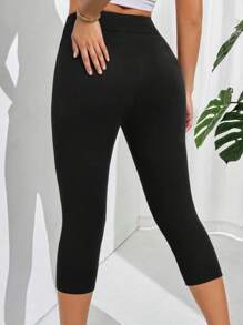 INAWLY Versatile Casual Solid Color 3/4 Leggings - Black - View 2