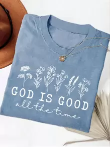 INAWLY God Is Always Good, Wildflower Pattern Round Neck Straight Shoulder Women Printed Short Sleeve T-Shirt Graphic Tees Women Tops Fall Cloth For Women - Dusty Blue - View 3