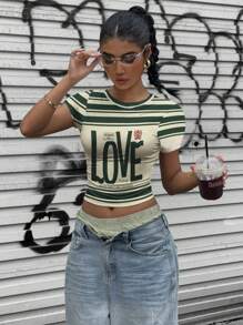 Muchica 休闲街头风格绿色爱心印花圆领修身短款短袖 T 恤