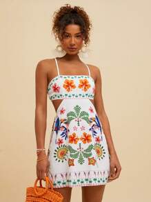 Travachic 编织印花镂空腰部细肩带女式迷你连衣裙 - 白色 - 查看 6