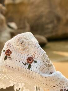 Poéselle Hollow Out Embroidered Beaded Crochet Sleeveless Knit Top, Spring/Summer - White - View 7