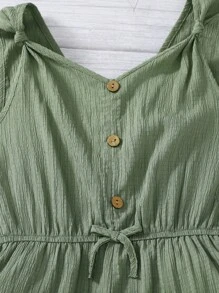 SHEIN Tween Girls Twist Vest-Style Casual Jumpsuit With Front Buttons Decorated In Woven Texture Material, Mint Green, Suitable For Spring Outings, Pastoral Style, Garden Afternoon Tea, Casual Outings, Back To School, Mommy And Me Matching Outfits