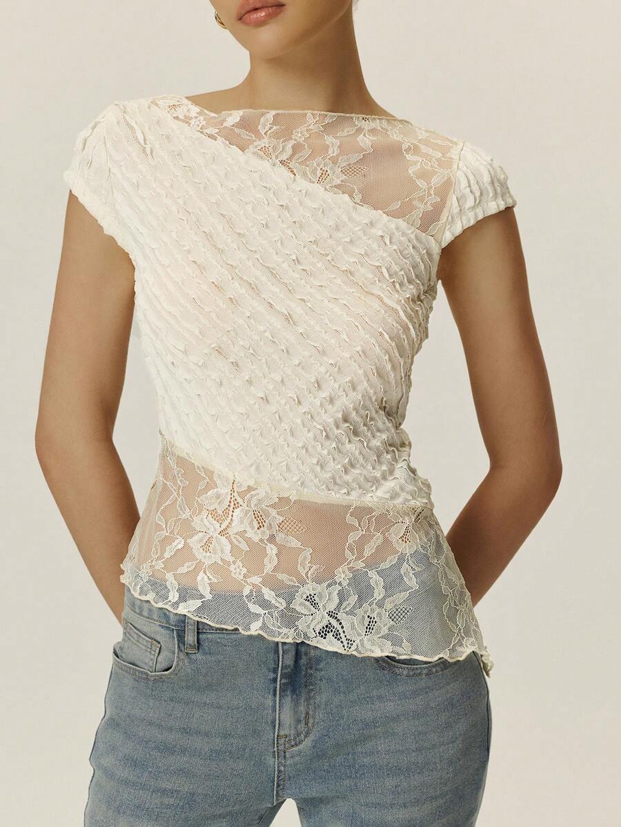 Poéselle Elegant Sheer Lace Overlay T-Shirt With Ruffled Detail - Perfect For Romantic Summer Outfits,Women's Lace T-Shirt, Ruffled Blouses, Casual Chic Fashion, Summer Elegant Styles, Sheer Layered Fashion - Apricot - View 1