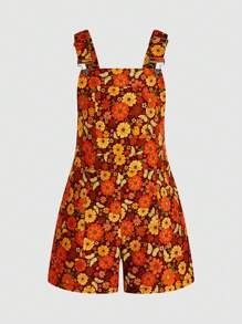 SHEIN MOOSTA Plus Size Women Orange Printed Woven Jumpsuit, Vacation - Orange - View 1