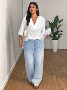 SHEIN EZwear 大码休闲简约纯色雪纺衬衫，低胸领口 - 白色 - 查看 7