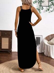 Calvaya Vestido largo con tirantes de espagueti con estampado de rayas verticales multicolor para mujer