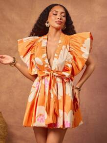 Vixey Vestido cruzado con cuello en pico y mangas con volantes, vestido de verano, conjunto de vacaciones