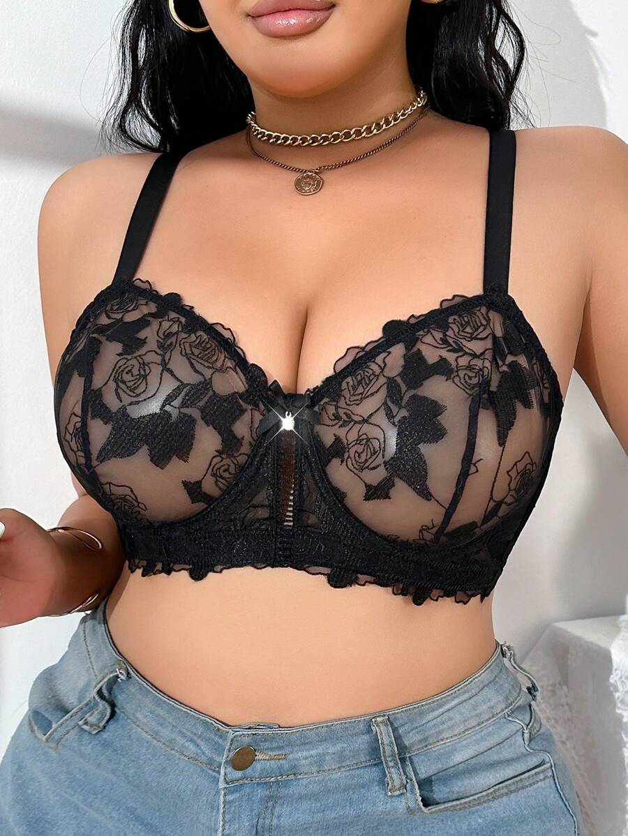 SHEIN 1pc Plus Size Lace Embroidered Wire Cup Sexy Lingerie Bra, Lift - Black - View 1