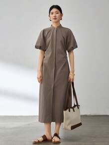 Dazy-Less 商务休闲优雅通勤修身立领高品质泡泡袖女式中长连衣裙夏季复古风格太阳裙、教师装 - 棕色 - 查看 2