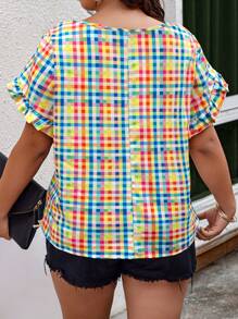 SHEIN LUNE Áo sơ mi tay ngắn hai lớp cổ tròn kẻ caro nhiều màu cỡ lớn - Nhiều màu - Xem 2