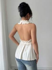 Elenzga Sleeveless Frill Trim A-Line Pleated Elegant Romantic Women Dress - Apricot - View 2