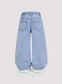 SHEIN Young Girls Jeans - Distressed Light Wash Blue Denim Jeans With Butterfly Print, Rhinestone Decor And Elastic Waist, Loose Fit Wide Leg - Light Wash - View 2