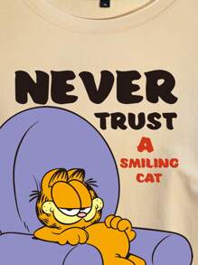 GARFIELD X SHEIN Plus Size Slouchy Wear Comic Print Letters And Cartoon Pattern Round Neck Cotton Short Sleeve T-Shirt, Summer