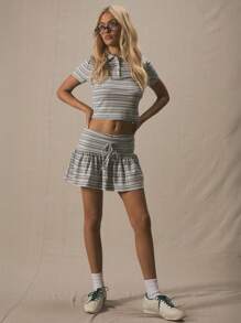 MUSERA 低腰系带条纹宽松飘逸下摆短裙，夏季可爱度假风，时尚优雅