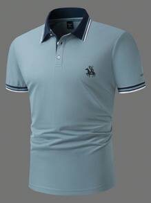 Manfinity Homme 大码男式夏季休闲撞色边饰短袖 Polo 衫 - 霧霾藍 - 查看 5