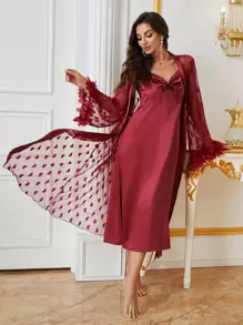 2pcs/Set Heart Lace Flare Sleeve Sleepwear Robe And Spaghetti Strap Long Dress - Burgundy - View 3