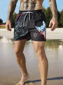 Surfspeed Men's Cartoon Cat Print Drawstring Pocket Beach Shorts  Men Swim Trunks