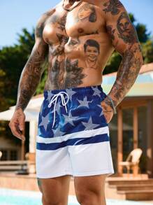 Surfspeed Men's Contrast Striped & Star Print Drawstring Waist Beach Shorts - Blue and White - View 8