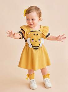 SHEIN Conjunto de 3 piezas para bebé niña (0-3 años): Mono casual con estampado de abeja y rayas, vestido babero, diadema - Amarillo - Ver 6