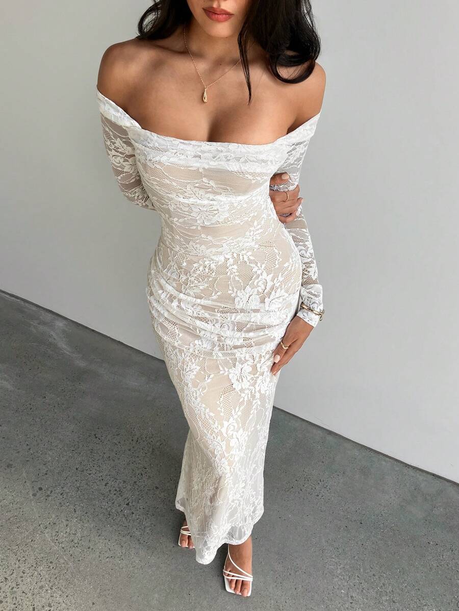 Aloruh Vestido ajustado tipo ajustado de manga larga de encaje blanco con hombros descubiertos, escote drapeado, apropiado para fiestas, citas nocturnas, temporada de bodas y eventos formales de noche, otoño/invierno