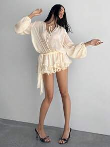 Aloruh Women's Apricot Shiny Lantern Sleeve Loose Tie-Up Ruched Multi-Layer Ruffle Hem Mini Romantic Chiffon Dress - Apricot - View 3