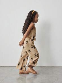 Maija Kids Maija Kids Kleine Mädchen Ferien Lässig mode ärmelloses Rüschen Dekor Loose Top und gerades Bein Hosen Set, Stickerei, beige, vielseitig, Frühling/Sommer