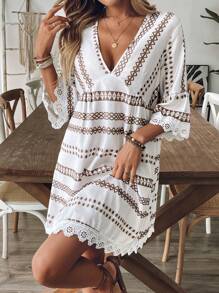 Breezaya Women Striped V-Neck Geometric Pattern Sexy Casual Vacation Khaki Long Sleeve Dress, Elegant Party Dress - Khaki - View 4