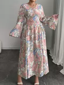 Modelyn 大码编织花卉印花长袖收腰荷叶边下摆连衣裙 - 彩色 - 查看 4