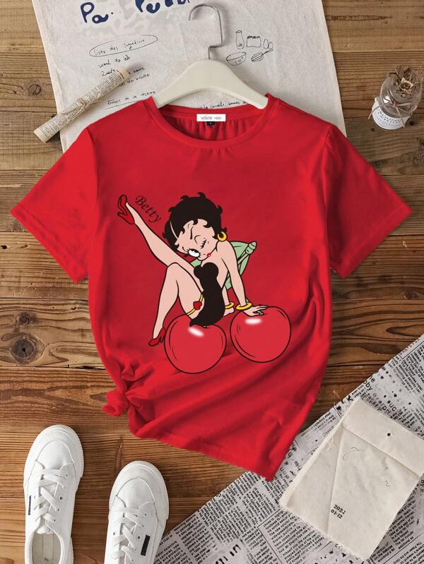 Betty Boop x SHEIN Tricou de damă cu mânecă scurtă, lejer, cu gât rotund, potrivit pentru vară