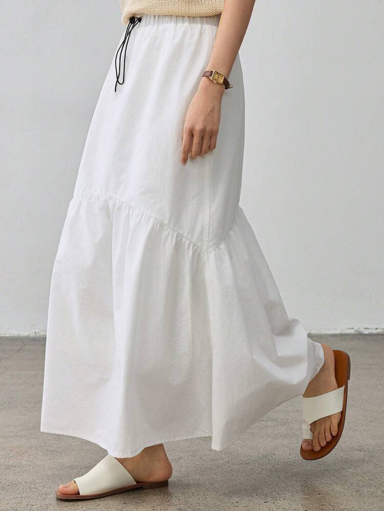 Women's Business Casual Colorblock Drawstring Tie-Up Patchwork Skirt