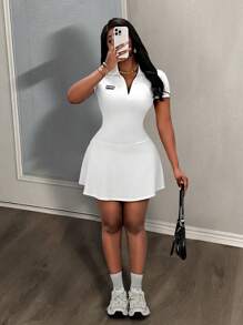 Slaydiva 女式夏季马球领短袖 A 字形喇叭下摆迷你连衣裙