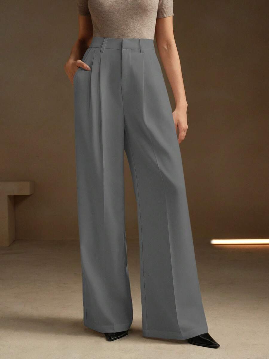 Anewsta 女士现代时尚简约阔腿西装裤，商务休闲春夏装 - 淺灰色 - 查看 1
