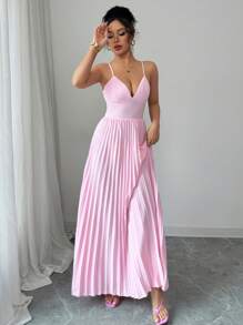 Elenzga Damen V-Ausschnitt geraffte rückenfreie Schleifendekor Lässig Urlaub Mini Kleid - Pink - Übersicht 5