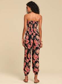 Travachic Vacation Casual Plant Print Bandeau Jumpsuit,Vacation Outfit,Suitable For Summer,Summer Outfits For Women,Summer , Summer Clothes,Women,Concert Outfit Women,Boho,Tropical Vacation