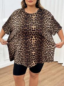 SHEIN CURVE+ 大码女式夏季豹纹圆领短袖休闲 T 恤
