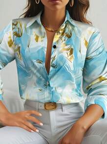 SHEIN Clasi Women's Elegant Marble Print Button Down Long Sleeve Blouse, Suitable For Vacation