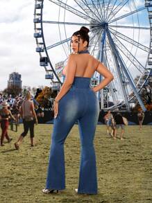 SHEIN ICON Y2K Retro Plus Size Open Back Halter Neck Fitted Flared Denim Jumpsuit Tropical Vacation Woman Clothes Solid Color Simple Sleeveless Denim Jumpsuit For Daily Wear
