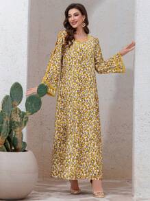 Al Najma Floral Print V-Neck Ruffled Trim Loose Flared Sleeve Arabic Style Dress,Modest - Yellow - View 6