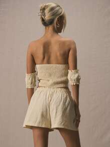 MUSERA 心形领口露肩泡泡袖蝴蝶结中心合身仅适合春夏可爱度假 - 黃色 - 查看 3