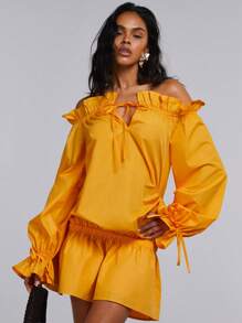Athîral Women's Solid Color Off Shoulder Ruffle Trim Mini Dress - Orange - View 2