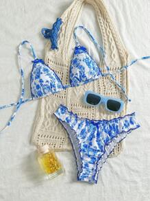 Swim Mod Women's Flower Hem House Flower Bikini Set For Summer Beach Vacation - Yellow - View 1