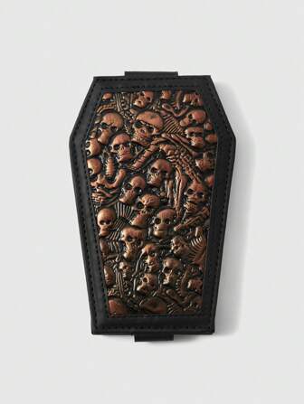 Grunge Punk 1pc Vintage Punk Gothic 3D Skull Print Bronze Tone PU Leather Credit Card Holder/Travel Pass Wallet, Coffin Shaped, Unisex Bifold Casual Party Accessory
