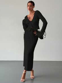 Aloruh Women's Autumn/Winter New Arrival Sexy Fashionable Front Tie Top And Low-Waisted Ruched Texture Long Skirt 2 Pieces Set