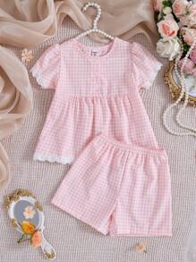 2pcs Girls Plaid Shorts And Short Sleeve Casual Comfortable Leisure Wear Set, Pink - Pink - View 4